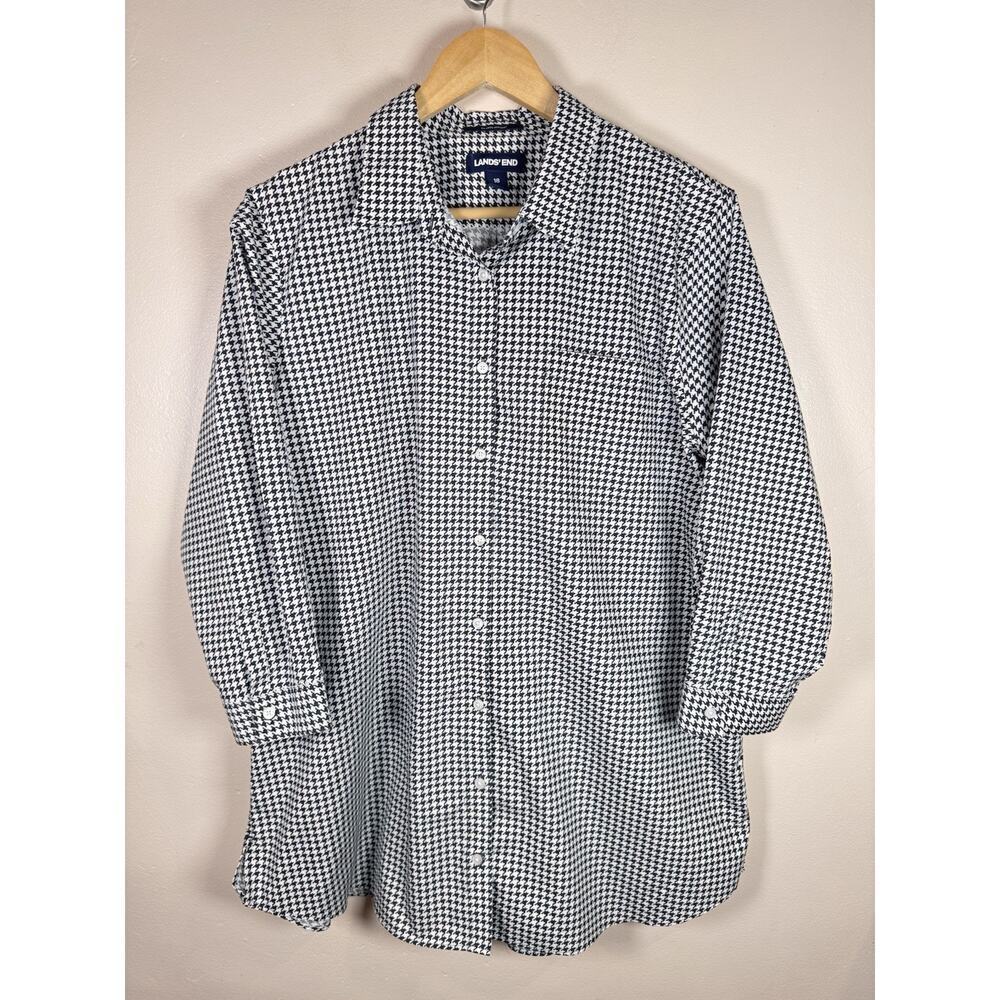 Lands End Womens Plus Size Button Up No Iron Supima 18 Houndstooth Preppy